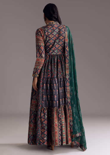 Navy Blue Printed Silk Anarkali With Dupatta