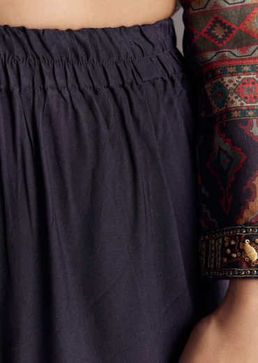 Navy Blue Printed Silk Anarkali With Dupatta