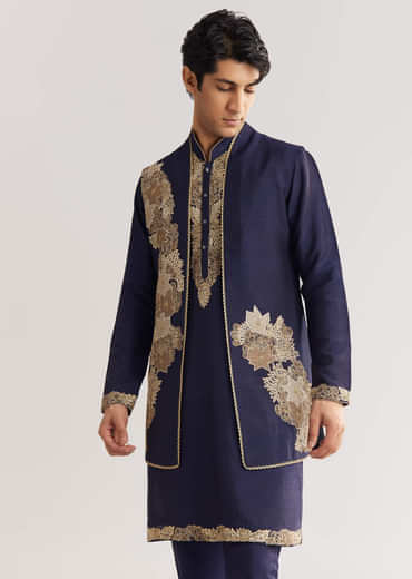 Navy Blue Rawsilk Jacket Kurta Set With Floral Beaded And Threadwork