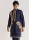Navy Blue Rawsilk Jacket Kurta Set With Floral Beaded And Threadwork