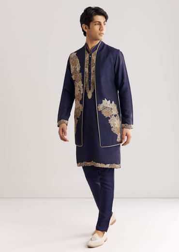 Navy Blue Rawsilk Jacket Kurta Set With Floral Beaded And Threadwork