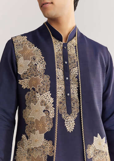 Navy Blue Rawsilk Jacket Kurta Set With Floral Beaded And Threadwork