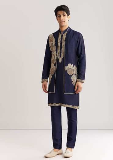 Navy Blue Rawsilk Jacket Kurta Set With Floral Beaded And Threadwork