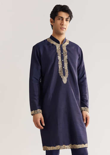Navy Blue Rawsilk Jacket Kurta Set With Floral Beaded And Threadwork