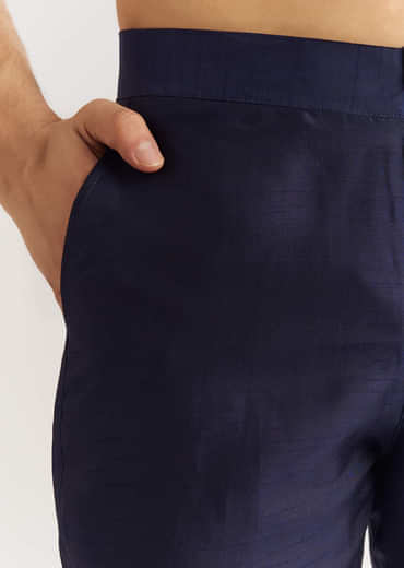 Navy Blue Rawsilk Jacket Kurta Set With Floral Beaded And Threadwork