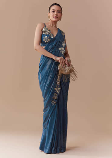 Navy Blue Ready Pleated Georgette Saree with Sequins Blouse
