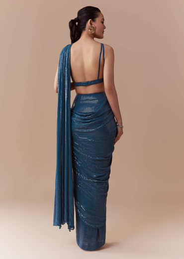 Navy Blue Ready Pleated Georgette Saree with Sequins Blouse