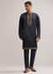 Navy Blue Satin Blend Kurta Set For Men With Zardosi Work