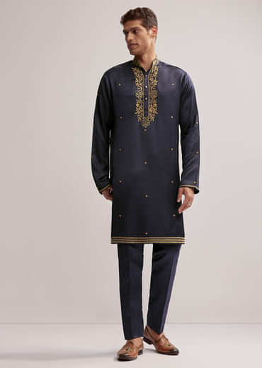 Navy Blue Satin Blend Kurta Set For Men With Zardosi Work