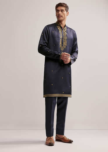 Navy Blue Satin Blend Kurta Set For Men With Zardosi Work
