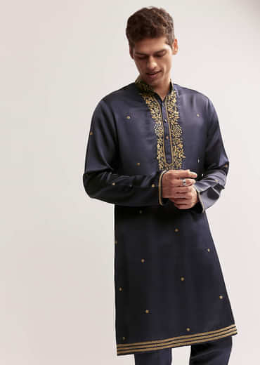Navy Blue Satin Blend Kurta Set For Men With Zardosi Work