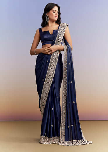Navy Blue Satin Chinon Saree With Heavy Hand Embroidery