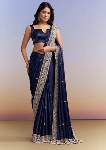 Navy Blue Satin Chinon Saree With Heavy Hand Embroidery