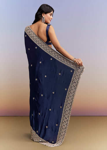 Navy Blue Satin Chinon Saree With Heavy Hand Embroidery