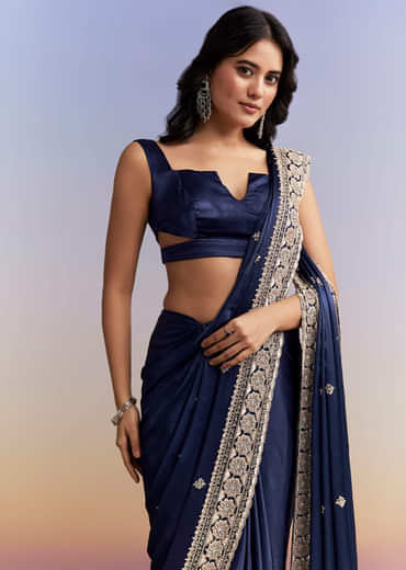 Navy Blue Satin Chinon Saree With Heavy Hand Embroidery