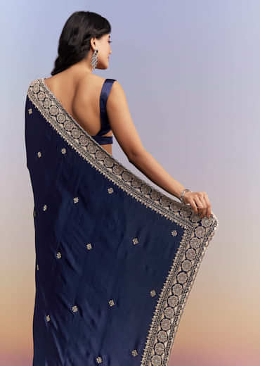 Navy Blue Satin Chinon Saree With Heavy Hand Embroidery