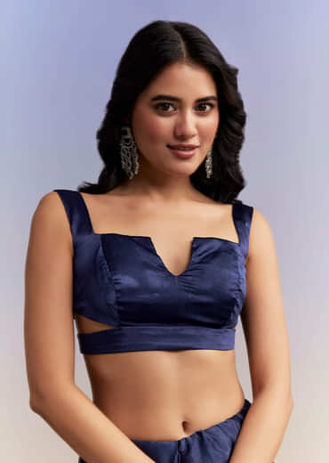 Navy Blue Satin Chinon Saree With Heavy Hand Embroidery