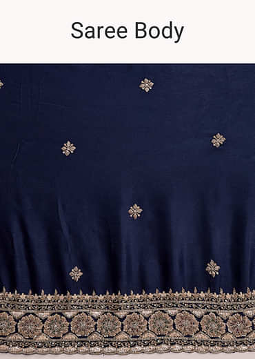 Navy Blue Satin Chinon Saree With Heavy Hand Embroidery