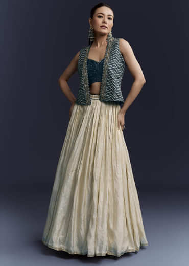 Navy Blue Satin Festive Lehenga With Hand Dyed Chevron Print Jacket