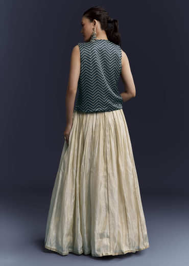 Navy Blue Satin Festive Lehenga With Hand Dyed Chevron Print Jacket