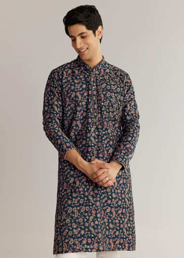 Navy Blue Silk Floral Printed Kurta Set With Cutdana Work