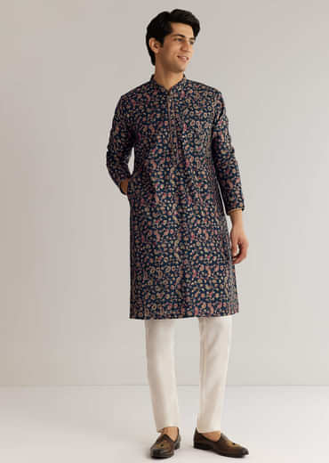 Navy Blue Silk Floral Printed Kurta Set With Cutdana Work