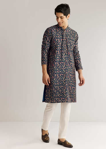 Navy Blue Silk Floral Printed Kurta Set With Cutdana Work