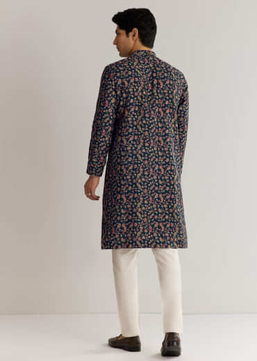 Navy Blue Silk Floral Printed Kurta Set With Cutdana Work