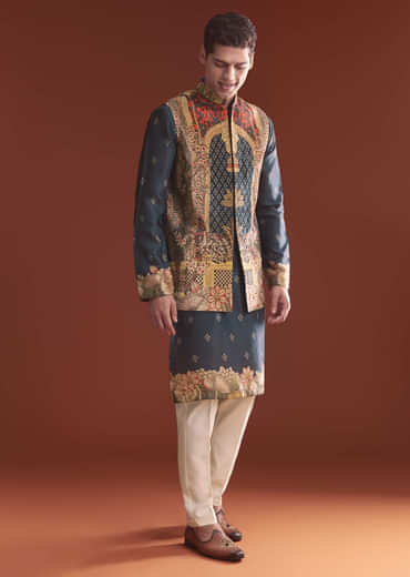 Navy Blue Silk Kurta Jacket Set For Men With Ethnic Print