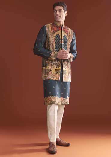 Navy Blue Silk Kurta Jacket Set For Men With Ethnic Print