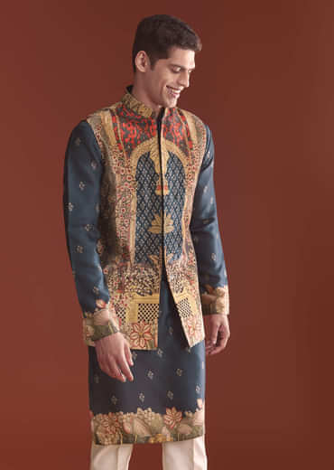 Navy Blue Silk Kurta Jacket Set For Men With Ethnic Print