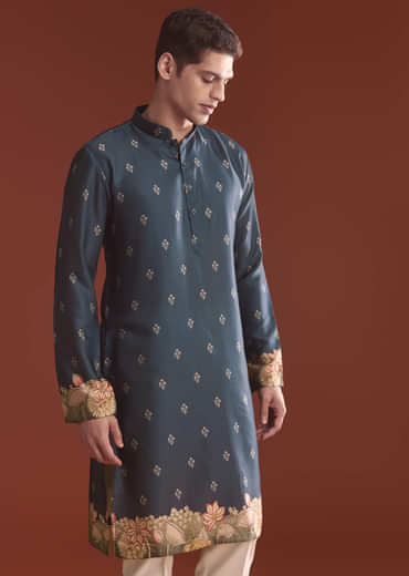 Navy Blue Silk Kurta Jacket Set For Men With Ethnic Print