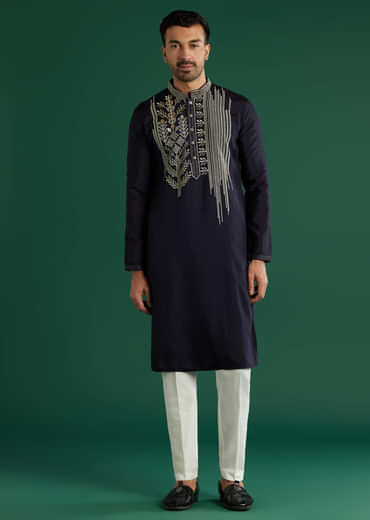 Navy Blue Silk Kurta Set For Men With Gota Work