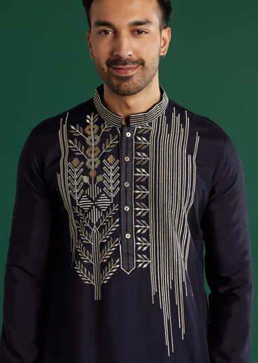 Navy Blue Silk Kurta Set For Men With Gota Work