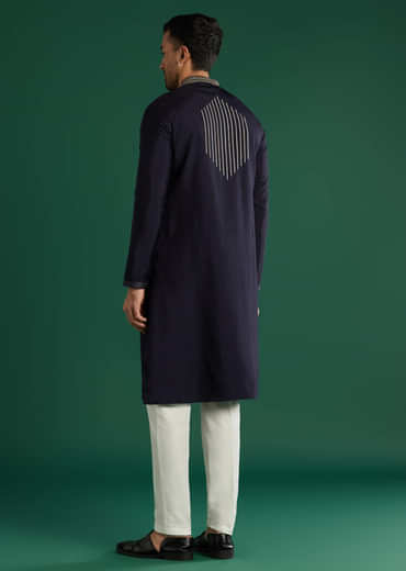 Navy Blue Silk Kurta Set For Men With Gota Work