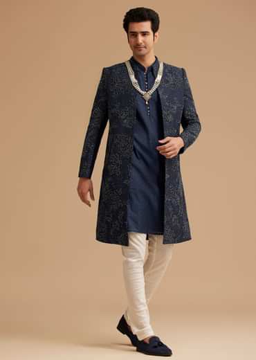 Navy Blue Silk Open Sherwani With Zardosi Embroidery