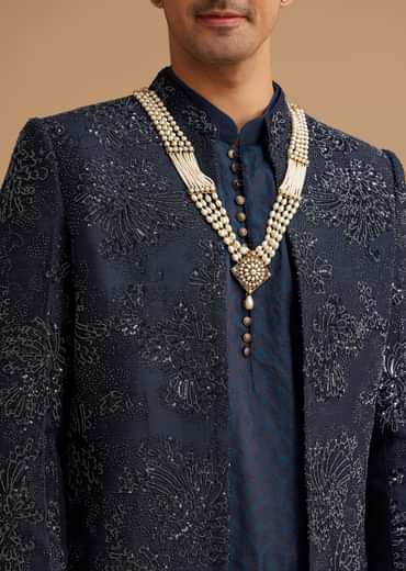 Navy Blue Silk Open Sherwani With Zardosi Embroidery