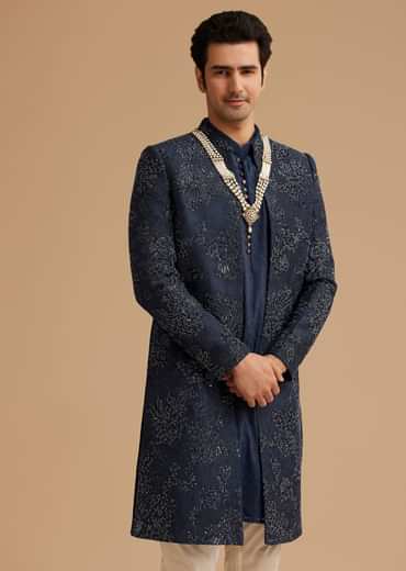 Navy Blue Silk Open Sherwani With Zardosi Embroidery