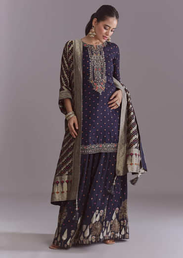 Navy Blue Silk Palazzo Suit With Embroidery And Brocade Dupatta