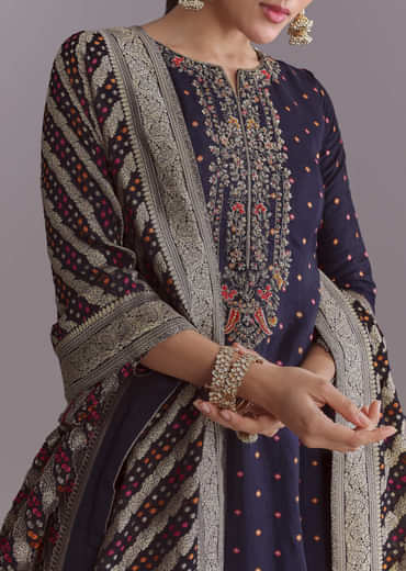 Navy Blue Silk Palazzo Suit With Embroidery And Brocade Dupatta