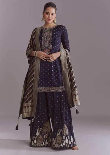 Navy Blue Silk Palazzo Suit With Embroidery And Brocade Dupatta