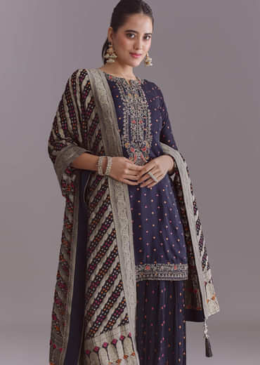 Navy Blue Silk Palazzo Suit With Embroidery And Brocade Dupatta