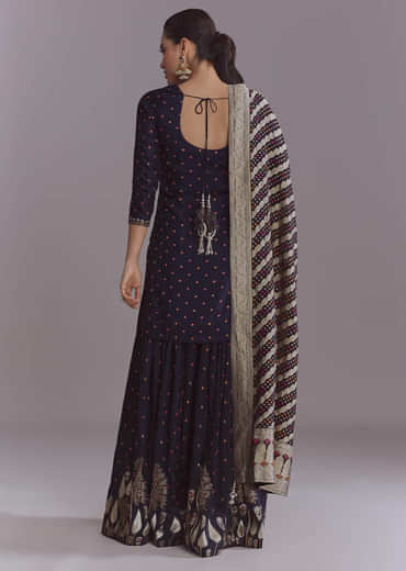 Navy Blue Silk Palazzo Suit With Embroidery And Brocade Dupatta