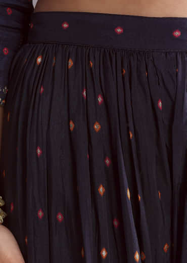 Navy Blue Silk Palazzo Suit With Embroidery And Brocade Dupatta
