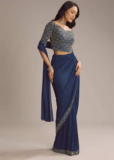 Navy Blue Silk Ready Pleated Saree With Cutdana Work