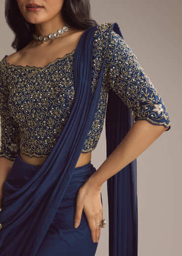 Navy Blue Silk Ready Pleated Saree With Cutdana Work