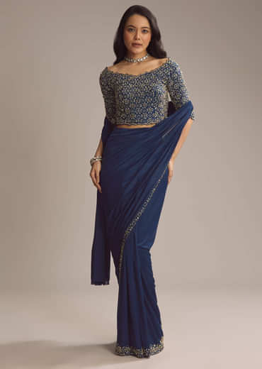 Navy Blue Silk Ready Pleated Saree With Cutdana Work