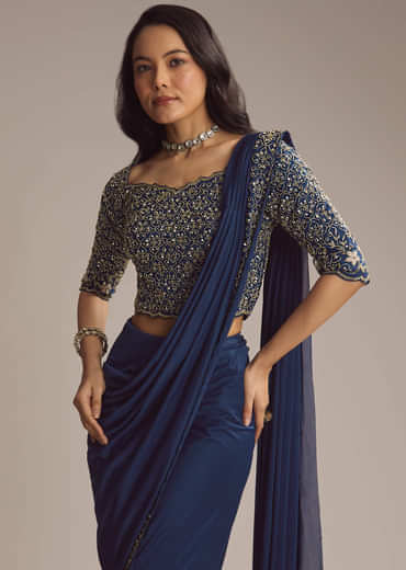Navy Blue Silk Ready Pleated Saree With Cutdana Work