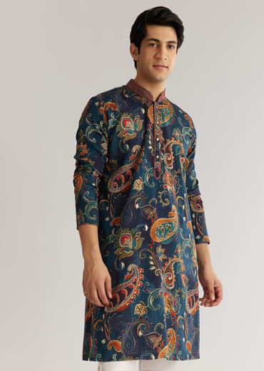 Navy Blue Silk Resham Embroidered Kurta Set With Paisley Prints