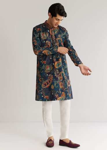 Navy Blue Silk Resham Embroidered Kurta Set With Paisley Prints